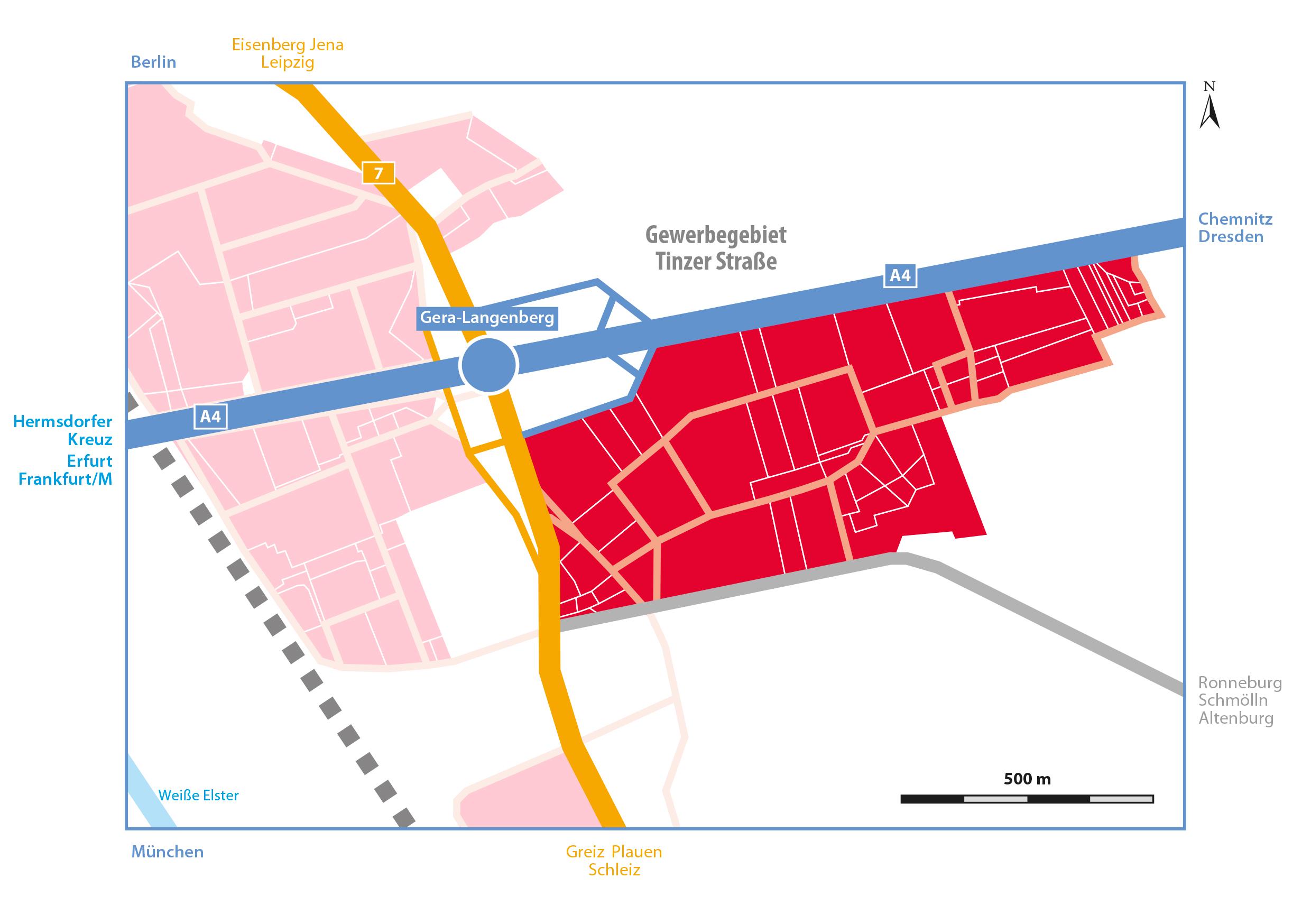 Die Karte zum Gewerbegebiet "Tinzer Straße" zeigt die sehr gute Anbindung des Gebietes an die Autobahn.